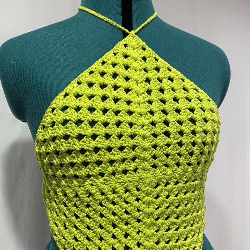 DIAMOND COTTON CROCHET TOP - HOT MATCHA GREEN TEA LATTE