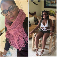 two pictures of a woman wearing a handmade crochet scarf and the other wearing a handmade crochet white top.