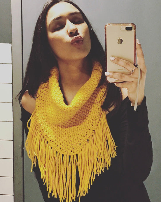 mustard yellow handmade crochet fringed cowl.